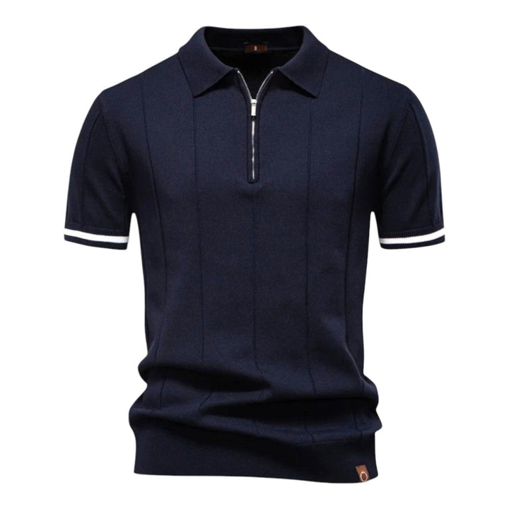 Dunkelblaues Strick-Poloshirt mit Reißverschluss und Kontraststreifen