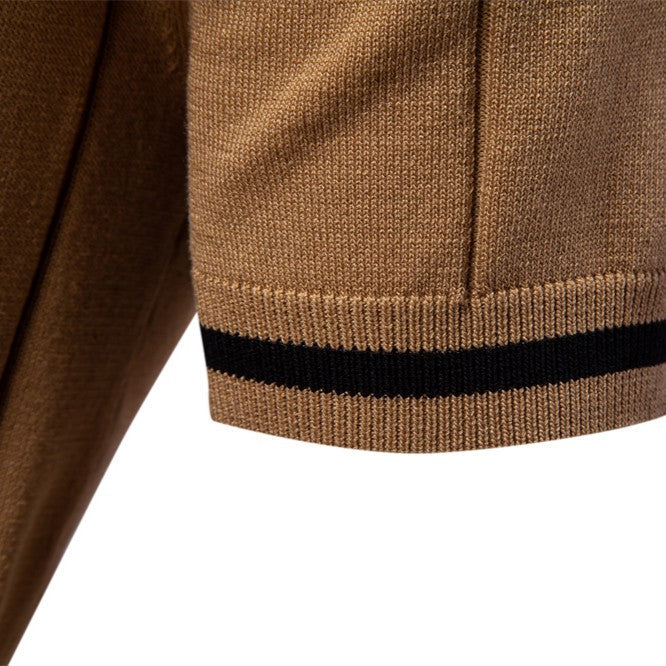 Dunkelblaues Strick-Poloshirt mit Reißverschluss und Kontraststreifen