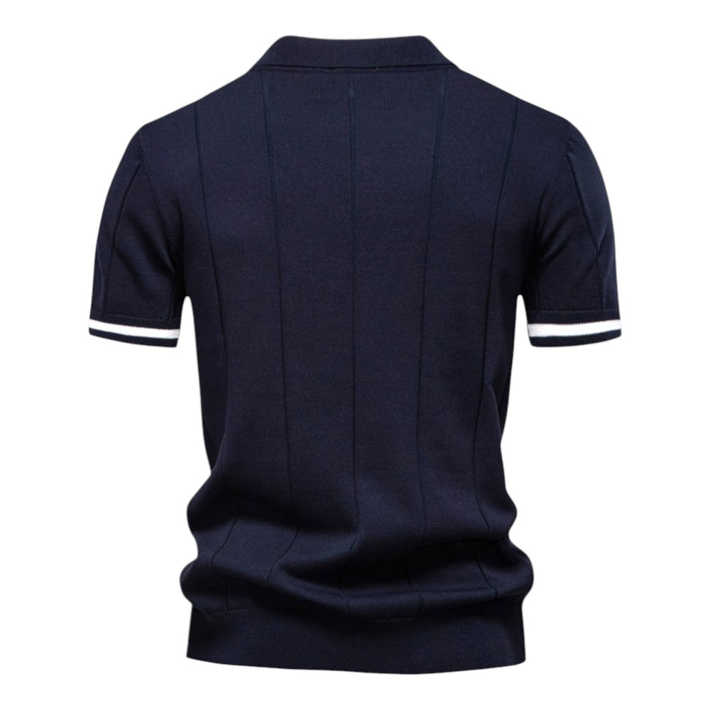 Dunkelblaues Strick-Poloshirt mit Reißverschluss und Kontraststreifen