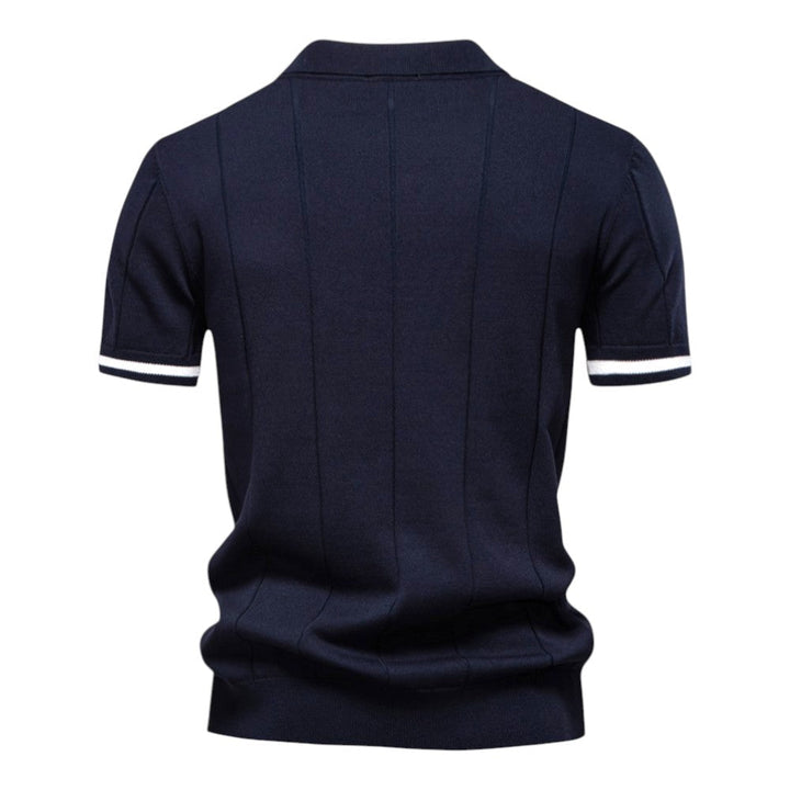 Dunkelblaues Strick-Poloshirt mit Reißverschluss und Kontraststreifen