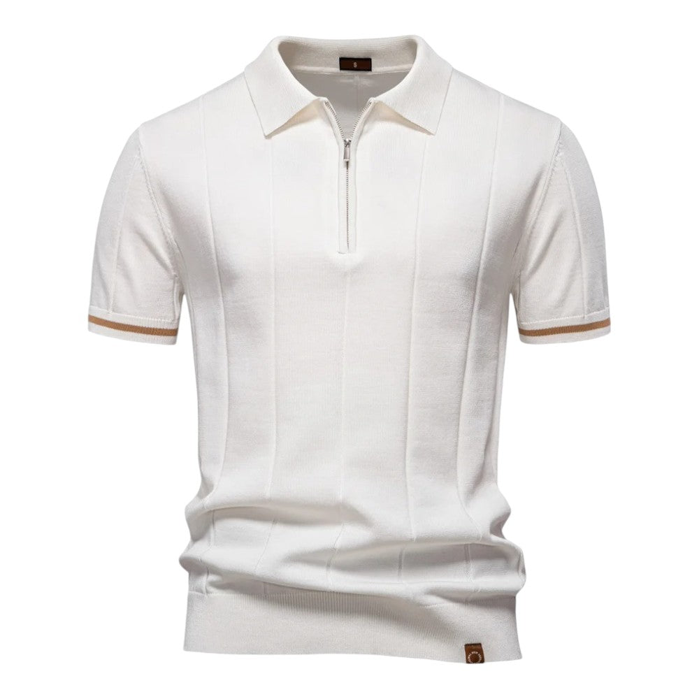 Dunkelblaues Strick-Poloshirt mit Reißverschluss und Kontraststreifen
