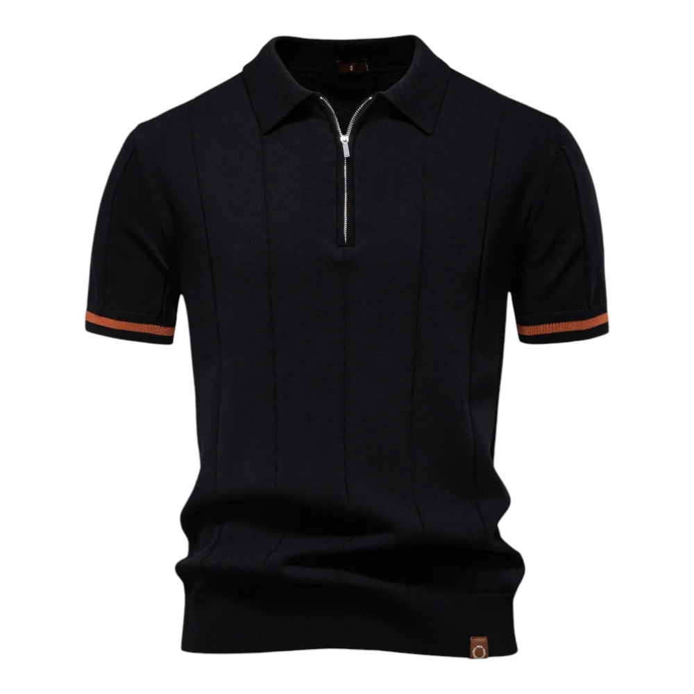Dunkelblaues Strick-Poloshirt mit Reißverschluss und Kontraststreifen