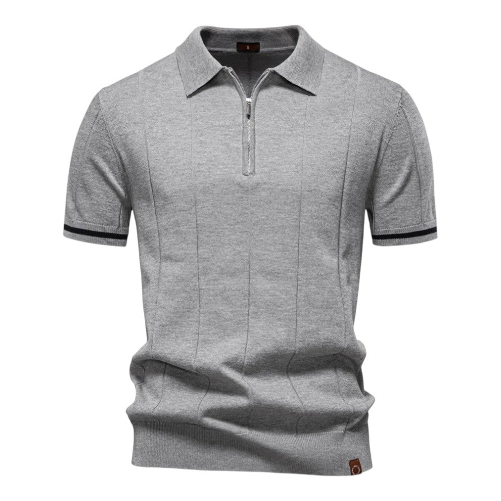 Dunkelblaues Strick-Poloshirt mit Reißverschluss und Kontraststreifen