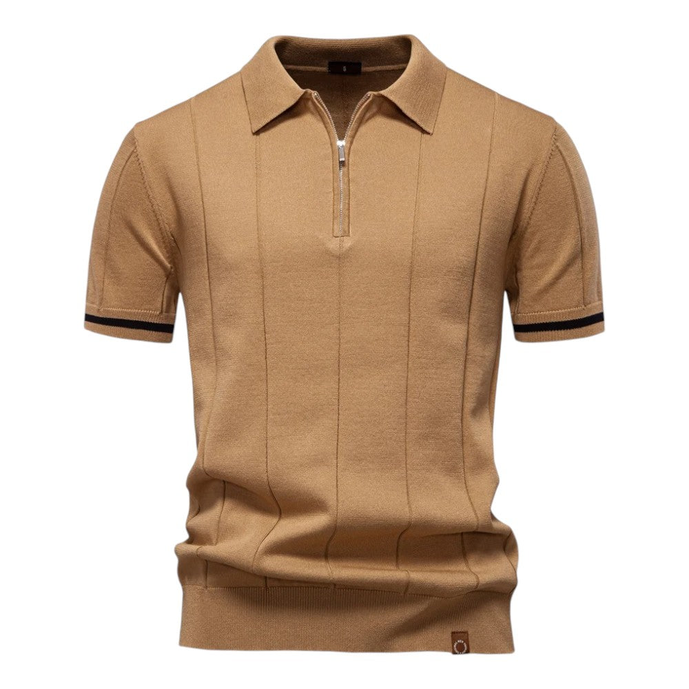 Dunkelblaues Strick-Poloshirt mit Reißverschluss und Kontraststreifen