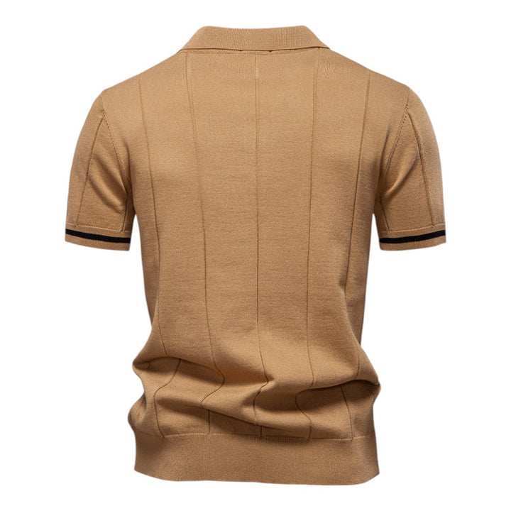 Dunkelblaues Strick-Poloshirt mit Reißverschluss und Kontraststreifen