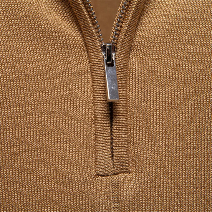 Dunkelblaues Strick-Poloshirt mit Reißverschluss und Kontraststreifen