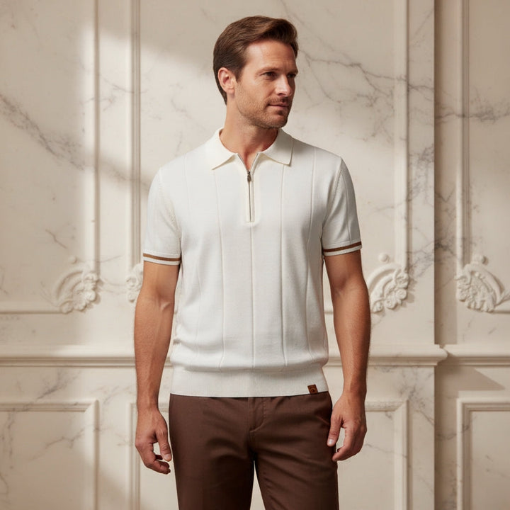 Dunkelblaues Strick-Poloshirt mit Reißverschluss und Kontraststreifen