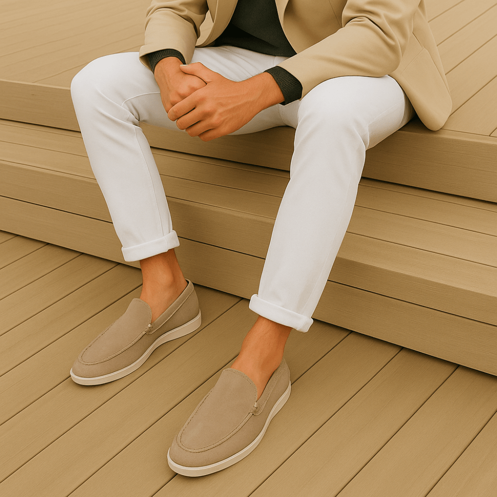 Schwarzer Veloursleder-Loafer mit heller Sohle