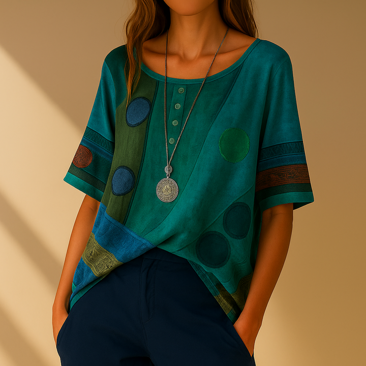 Grünes Damen-Kurzarmshirt mit geometrischem Print