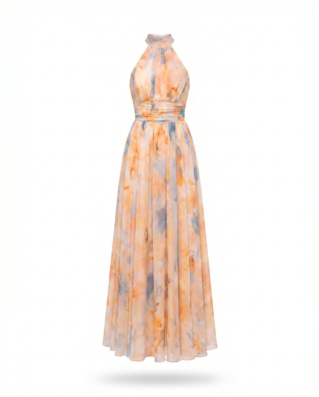 Elegantes Maxikleid mit Halfter-Ausschnitt und Print in Orange/Blau