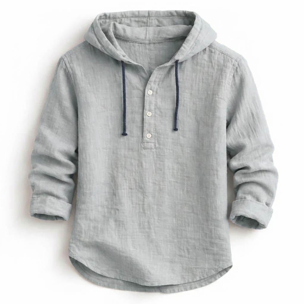 Schwarzes Kapuzenhemd mit Henley-Knopfleiste