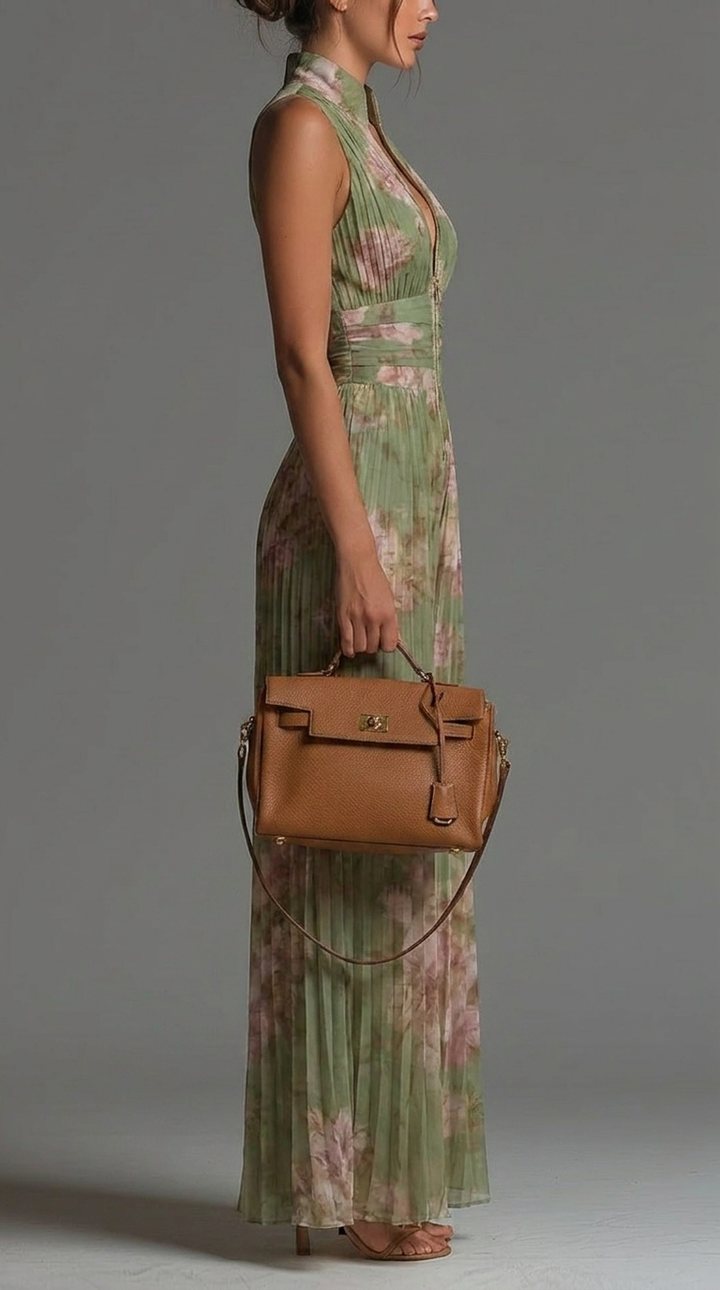 Salbeigrüner Plissee-Jumpsuit mit romantischem Blumenmuster