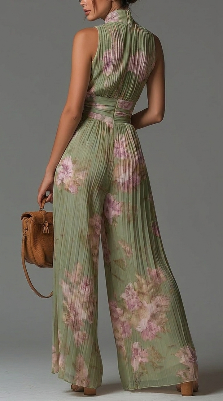 Salbeigrüner Plissee-Jumpsuit mit romantischem Blumenmuster