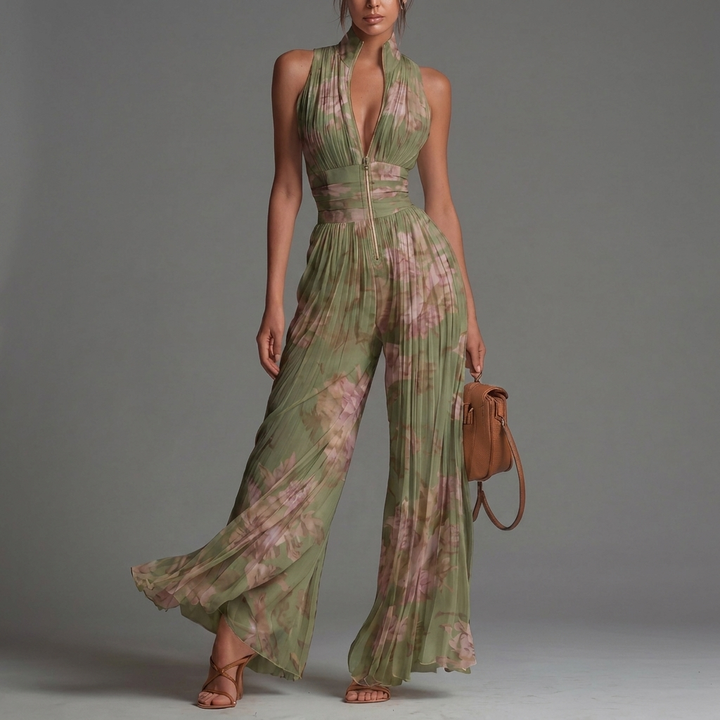 Salbeigrüner Plissee-Jumpsuit mit romantischem Blumenmuster