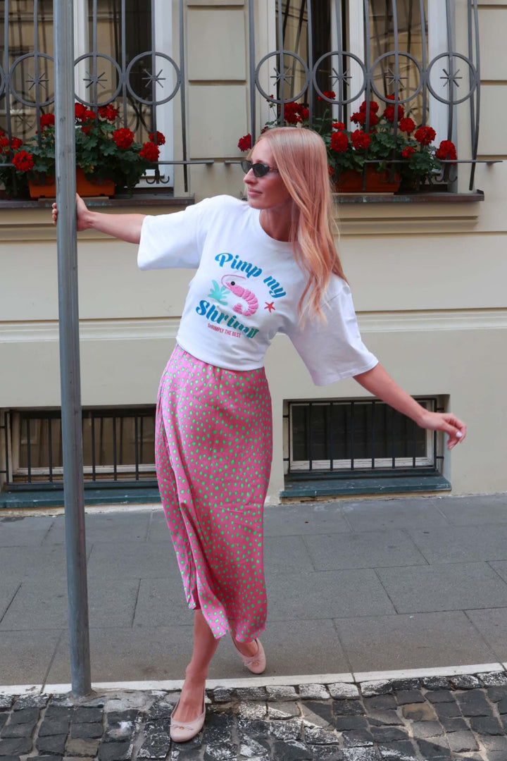 Fließender Midi-Rock in Pink mit grünen Punkten