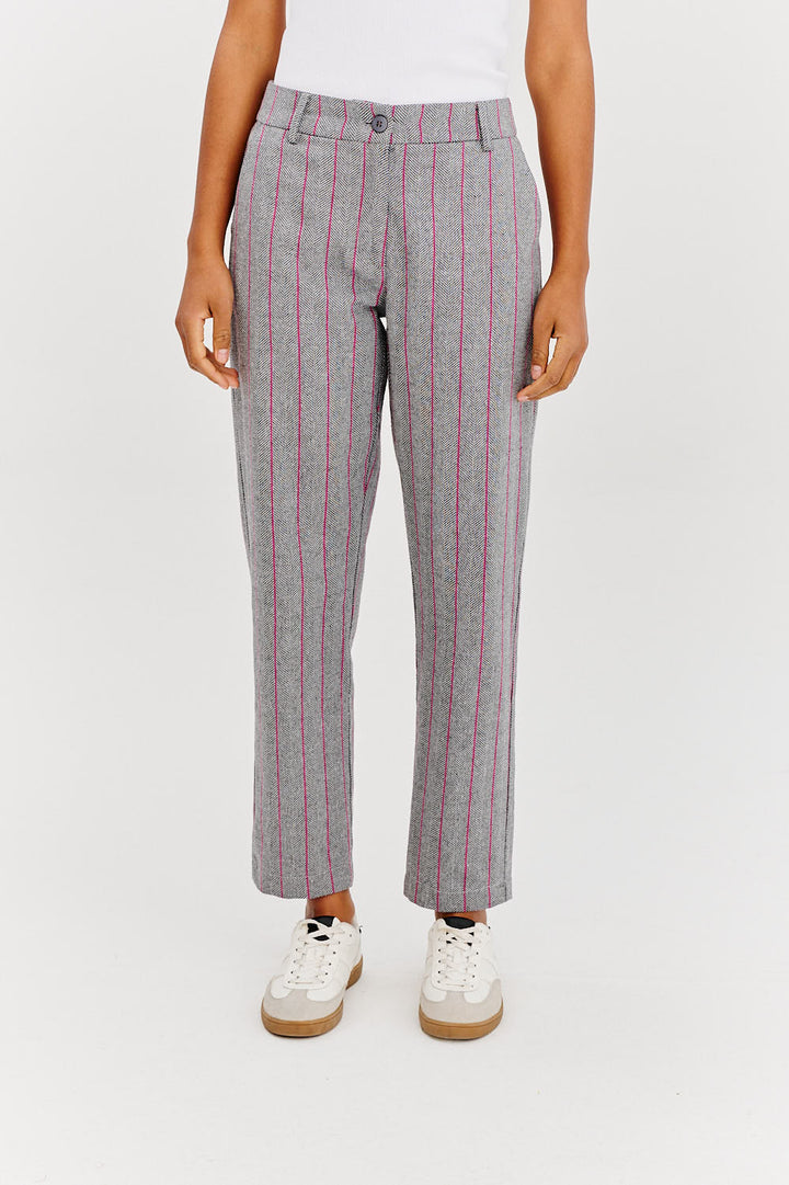 Graue Stoffhose mit pinken Nadelstreifen für Damen