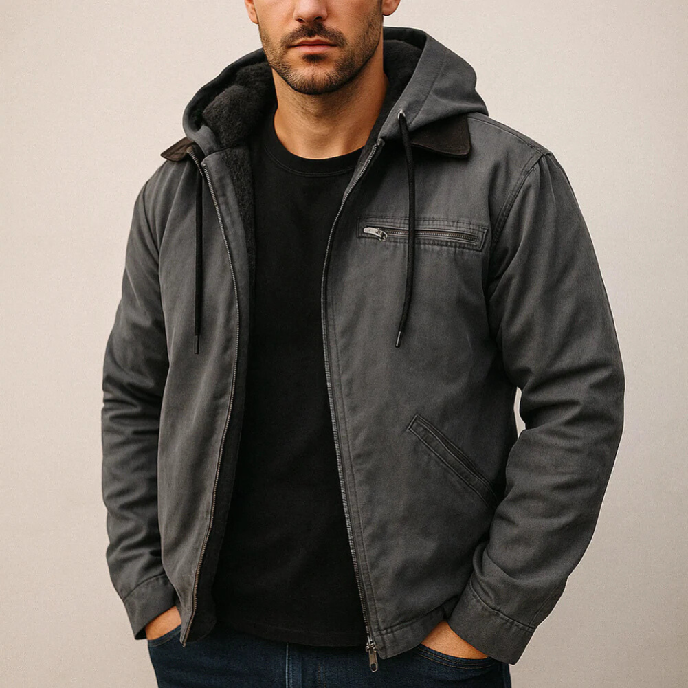 Dunkelblaue Kapuzenjacke mit Brusttasche