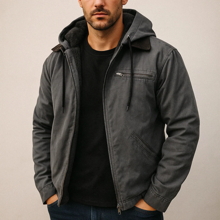 Dunkelblaue Kapuzenjacke mit Brusttasche