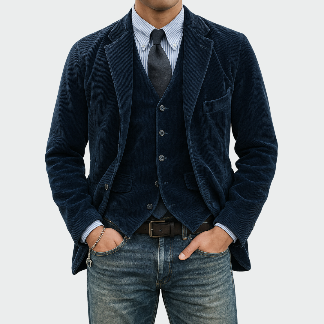 Marineblaues Cord-Sakko mit aufgesetzter Brusttasche