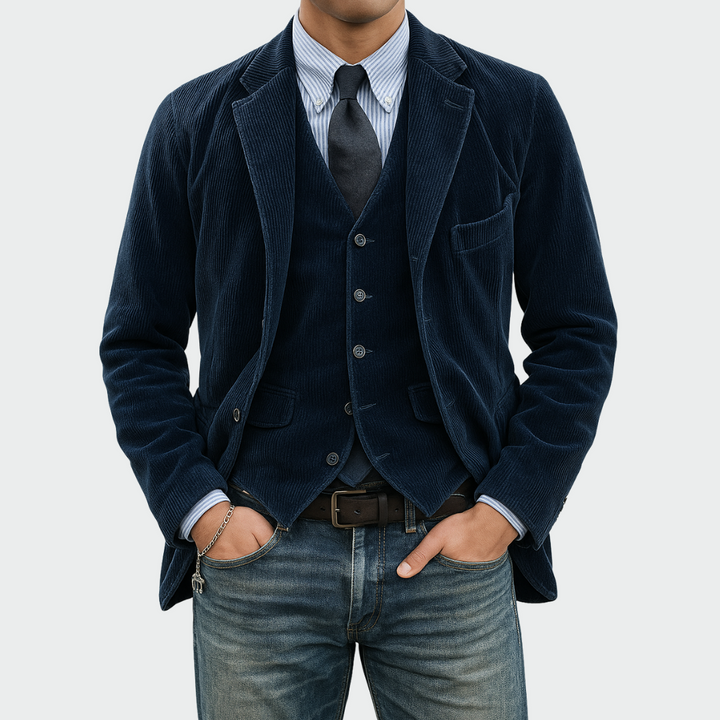 Marineblaues Cord-Sakko mit aufgesetzter Brusttasche