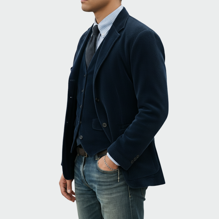 Marineblaues Cord-Sakko mit aufgesetzter Brusttasche