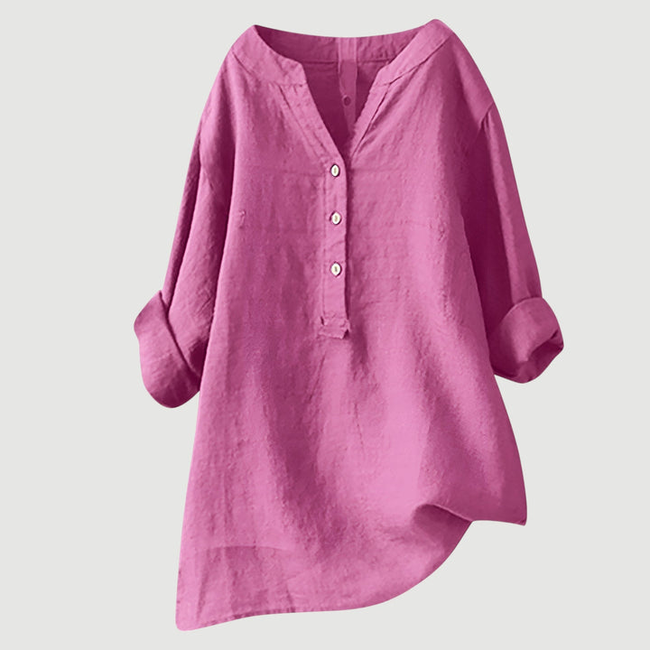 Schwarze Damen-Leinenbluse mit V-Ausschnitt und Knopfleiste