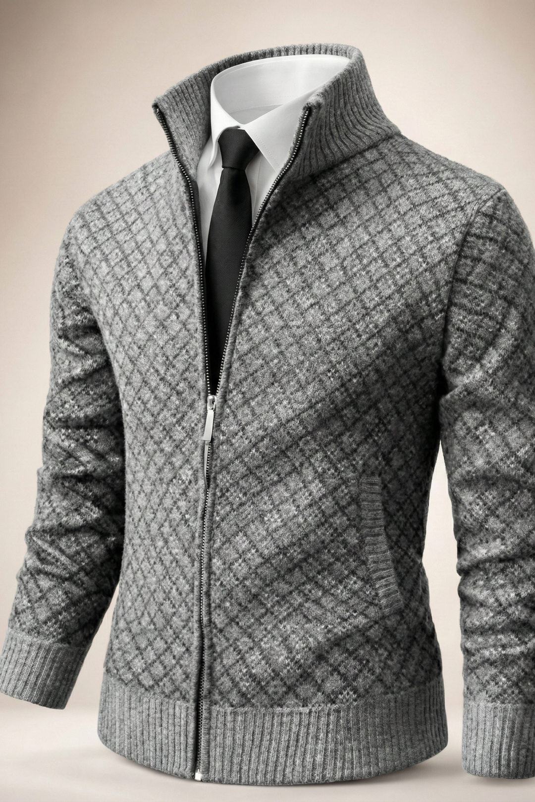 Anthrazitfarbener Zip-Cardigan mit Rautenstruktur